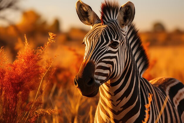 Zebra adverte no pôr-do-sol no pór-do- sol generativo IA