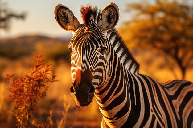 Zebra advierte en la puesta de sol en la puesta del sol generativo IA