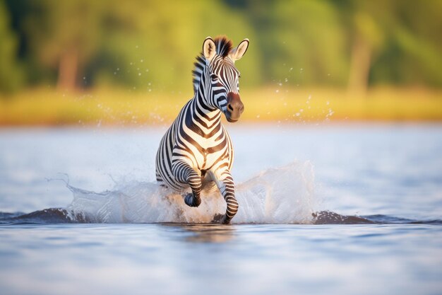 Foto zebra chutando água enquanto trota do lago