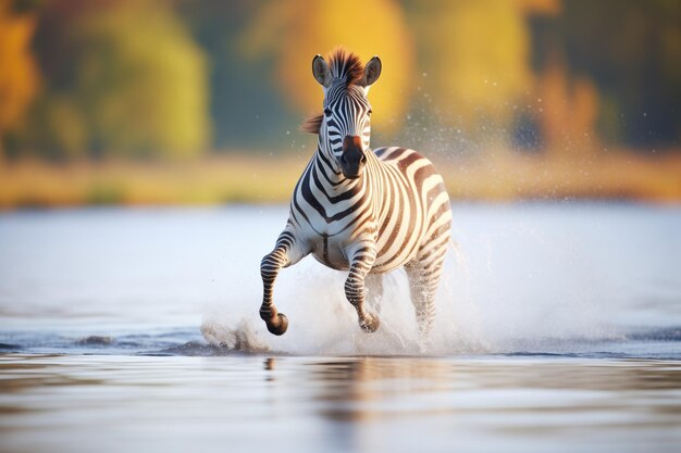 Foto zebra chutando água enquanto trota do lago