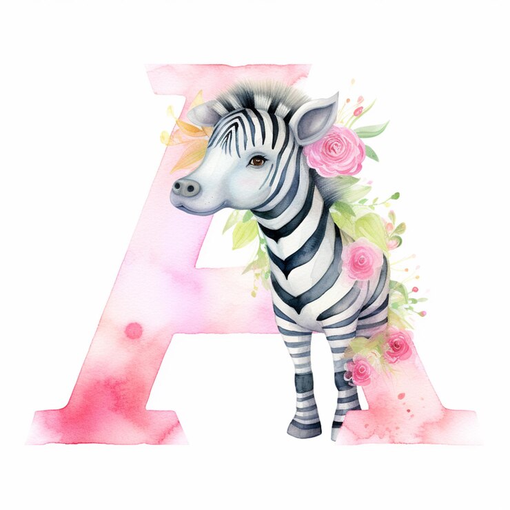Foto zebra com flores e letra a em aquarela generativa ai