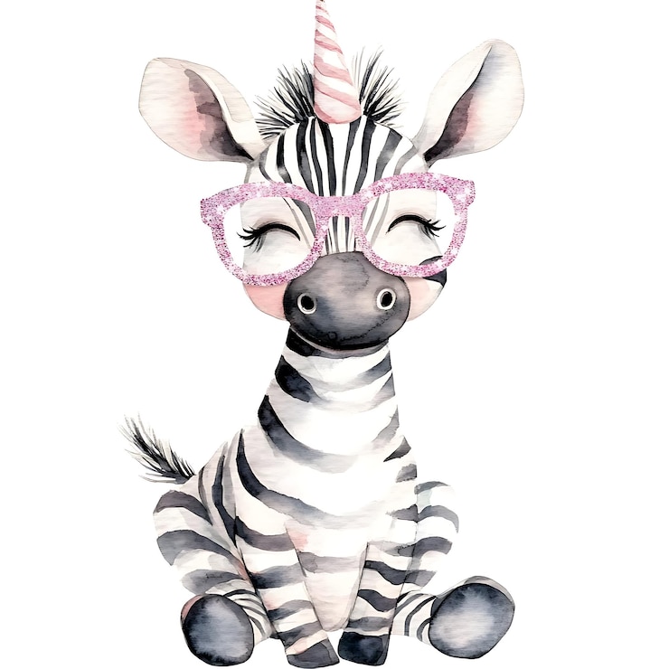 Foto zebra com óculos cor-de-rosa e um chifre de unicórnio