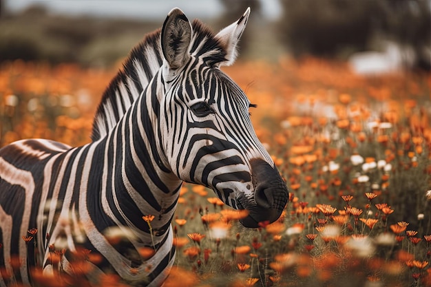 Zebra comiendo en un campo de flores