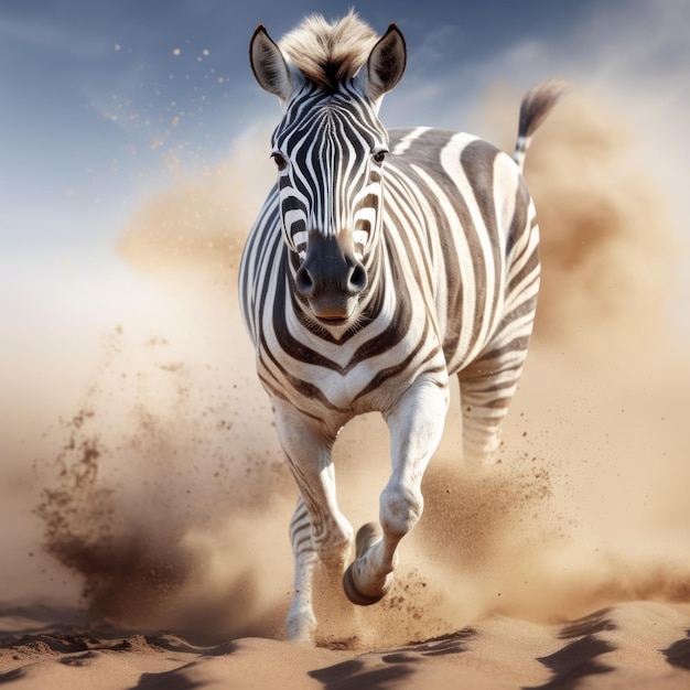 Foto zebra correndo na areia contra o céu azul com nuvens ilustração 3d