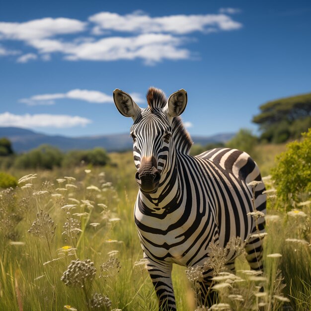 Foto zebra de pé na grama alta com montanhas no fundo generativo ai