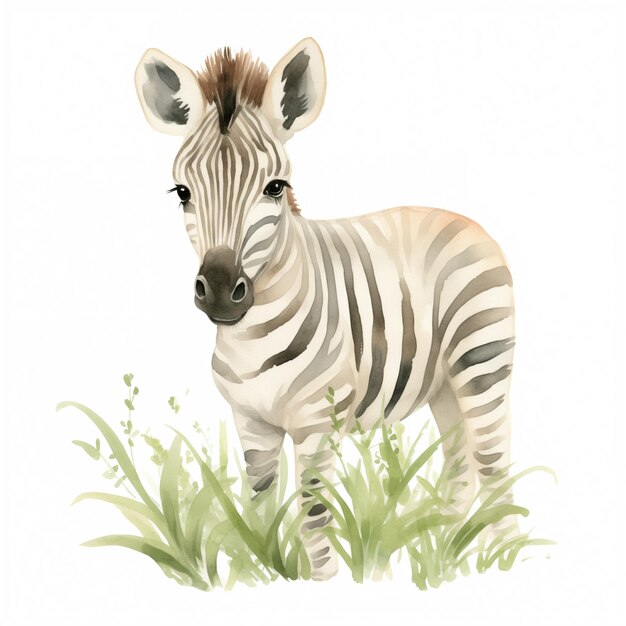 Foto zebra de pé na grama com um fundo branco generativo ai