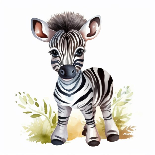 Zebra de pé na grama com um fundo branco generativo ai