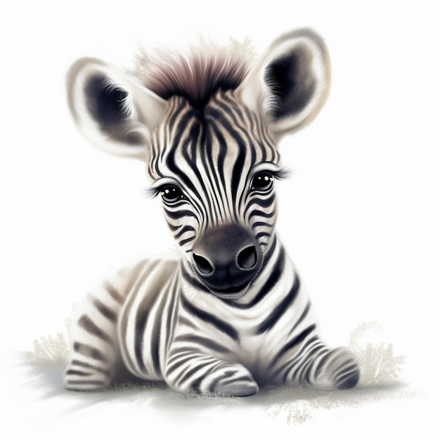 Zebra deitada no chão com um fundo branco generativo ai