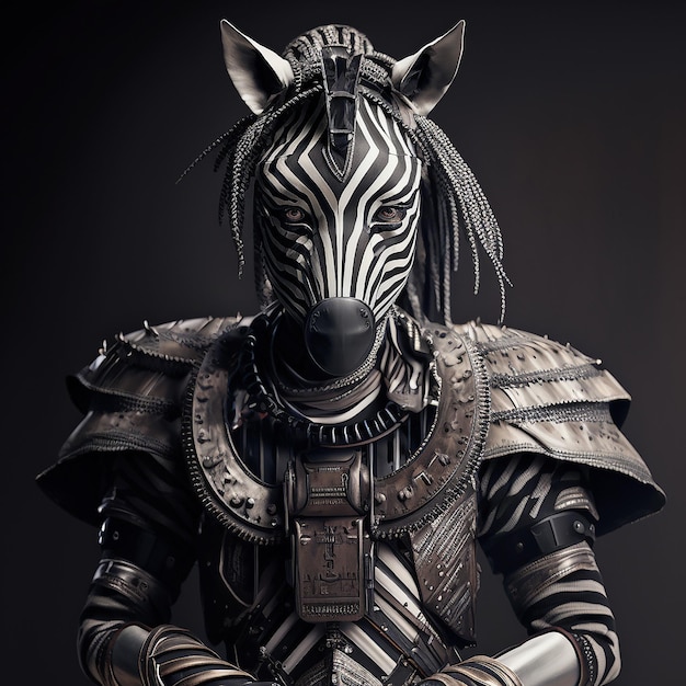 zebra em cyberpunk futurista robótico metal antigas roupas de armadura rústica