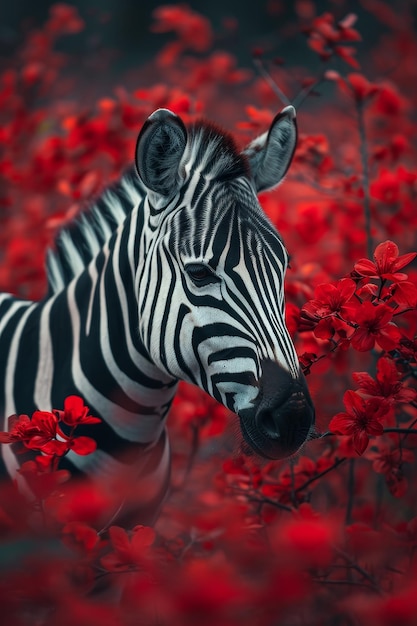 Zebra em meio a flores vermelhas vibrantes