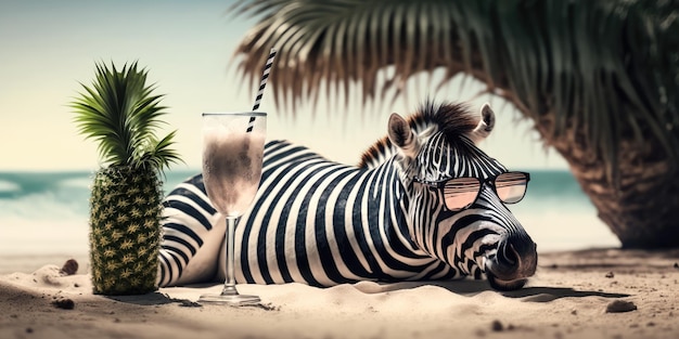 Zebra está de vacaciones de verano en un balneario y se relaja en la playa de verano