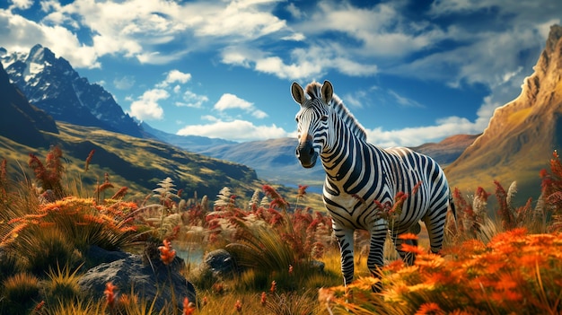 Zebra läuft auf einer Wiese mit Berghintergrund, fotorealistische 4K-Auflösung, Weitwinkel-KI generiert