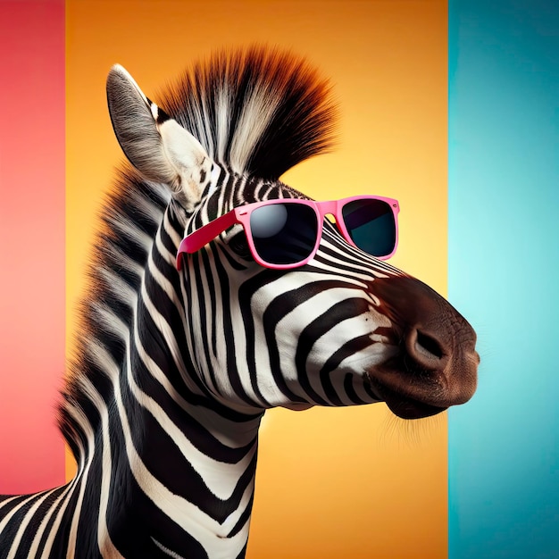 Zebra mit Brille auf einem mehrfarbig gestreiften Hintergrund ai generativ