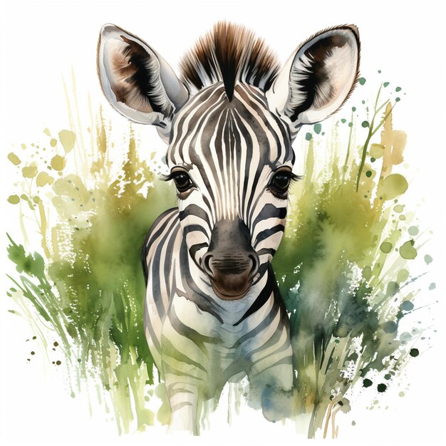 Zebra mit grünem Hintergrund und Aquarell-Splashes generativ ai