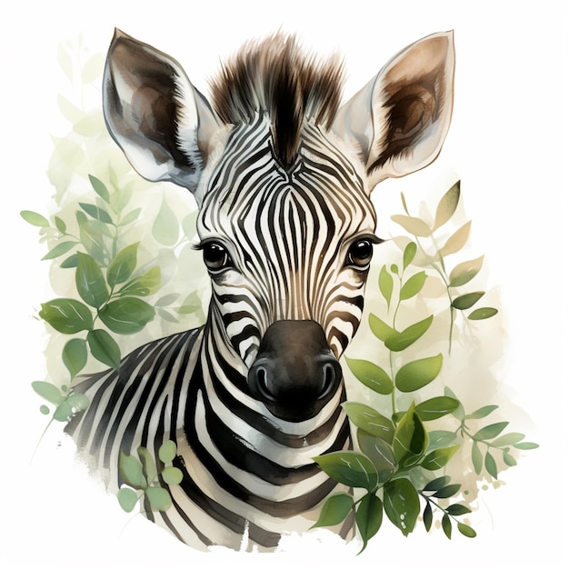 Zebra mit schwarz-weißen Streifen und grünen Blättern auf weißem Hintergrund