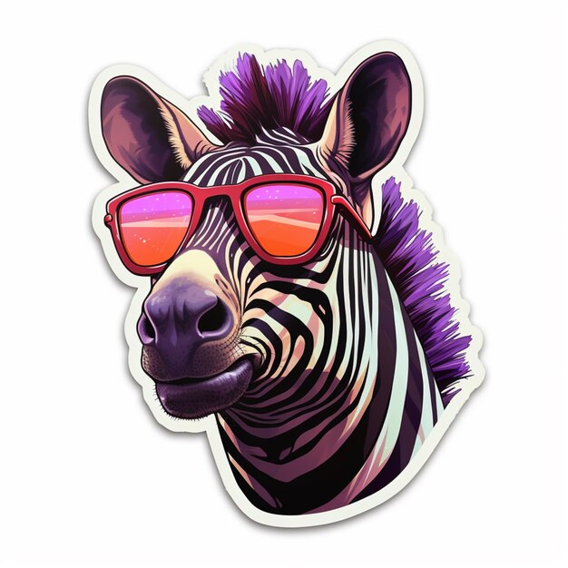 Foto zebra mit sonnenbrille und einem lila mohawk auf dem kopf