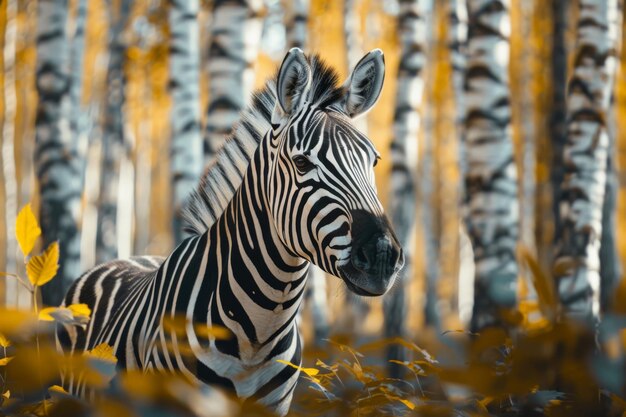 Foto zebra na floresta de bétulas no outono retrato de animal