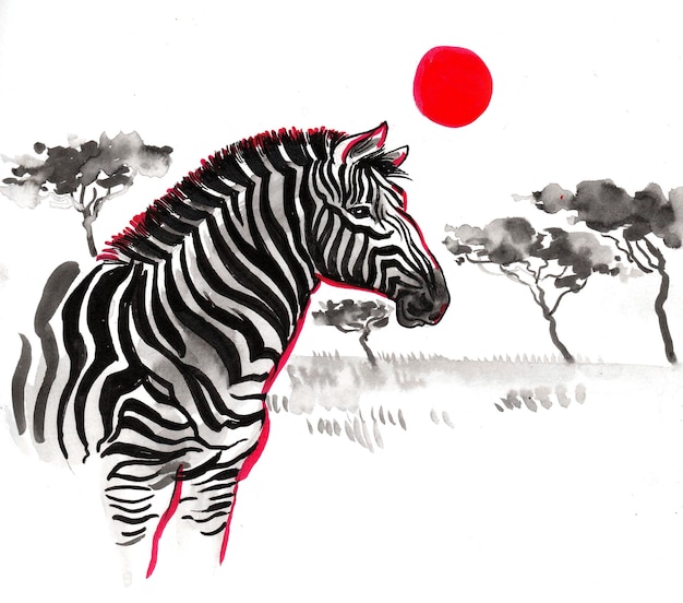 Zebra na savana africana. Desenho a tinta e aguarela