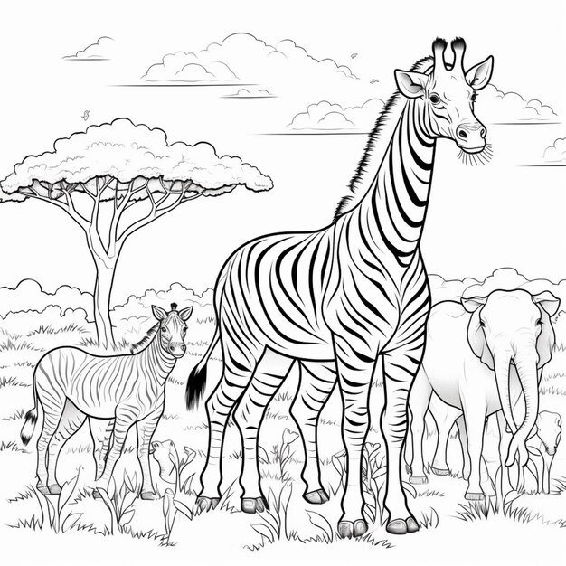 Zebra y otros animales en la sabana página de colorear generativo ai