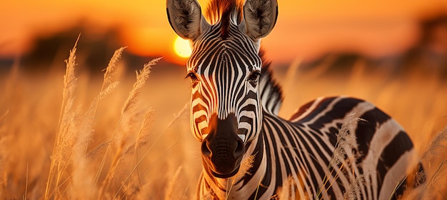 Foto zebra de pie contra el telón de fondo del sol africano que se pone en la sabana como fondo