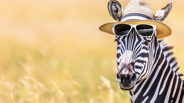 Zebra Safari em óculos de sol e chapéu emblema de viagem aventura espaço de cópia