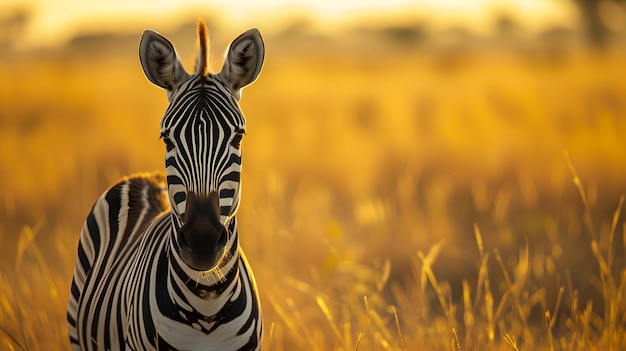 Zebra serena em gramíneas douradas ao anoitecer vida selvagem em habitat natural capturada em luz suave perfeita para cartazes uso educacional IA