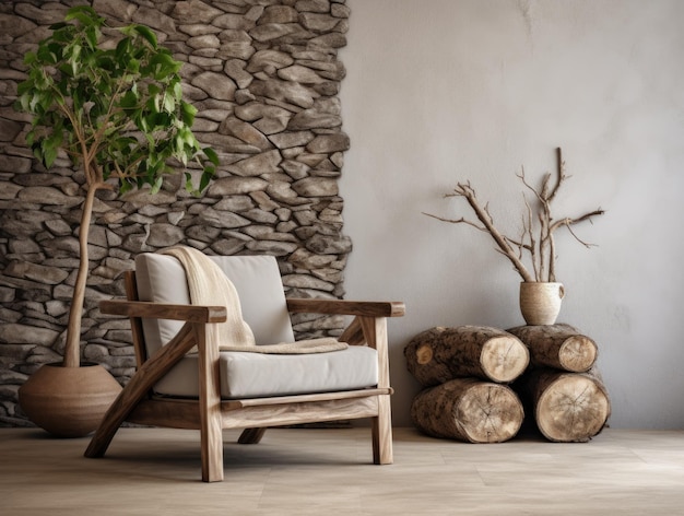 Zebrano Holz Lounge-Sessel in der Nähe von Stuckwand und abstrakten Lehmkreis Dekor Innenarchitektur der modernen