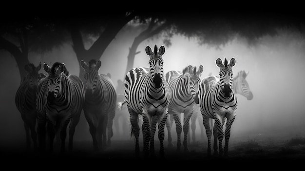 zebras em fila na floresta nebulosa generativa ai.