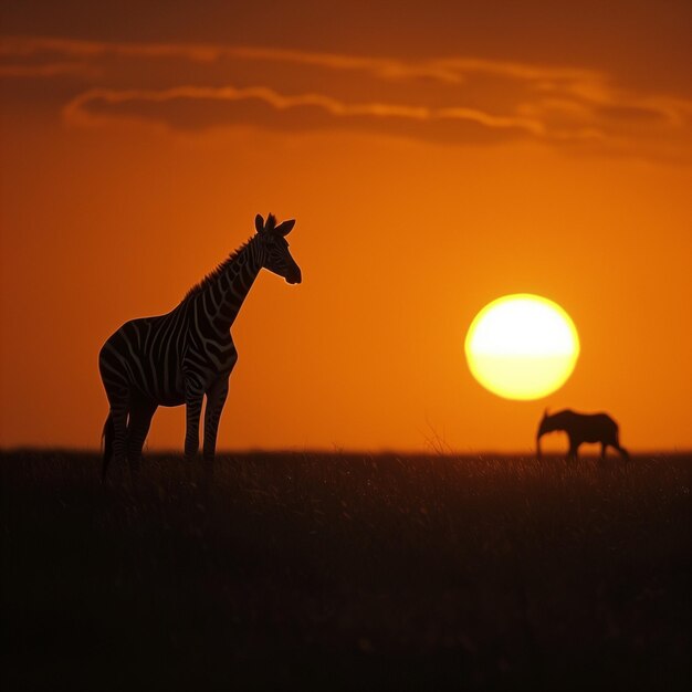 Zebras y gnus al atardecer