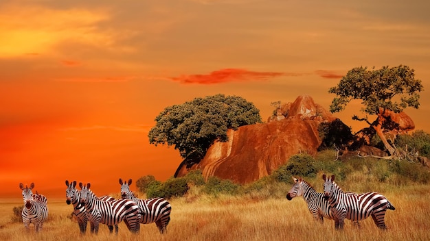Zebras in der afrikanischen Savanne bei Sonnenuntergang Serengeti Nationalpark Tansania Afrika Bannerformat