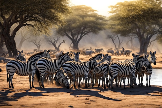 Zebras reunidas en el pozo de agua de la sabana africana Una manada de cebras saciando su sed en el pintoresco sa