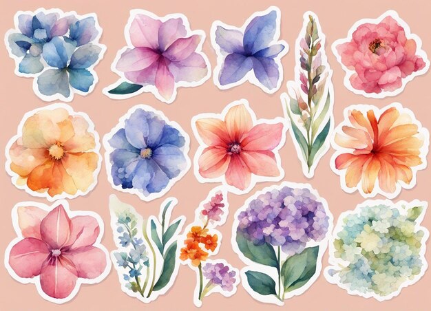 Foto zehn blumen-aufkleber. die ganze seite ist voller aufkleber. aquarell-design-aquarell-stil.