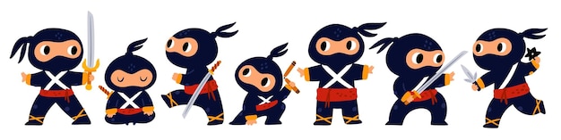 Zeichentrick-Ninja-Figur, japanisches Krieger-Maskottchen, verschiedene Posen und Aktionen. Mann in schwarzer Kleidung kämpft mit Katana, Samurai-Schwert, Shuriken und Nunchaku. Vektor-Set asiatischer Kämpfer