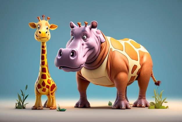 Zeichentrickfigur ein Nilpferd und eine Giraffe 3d