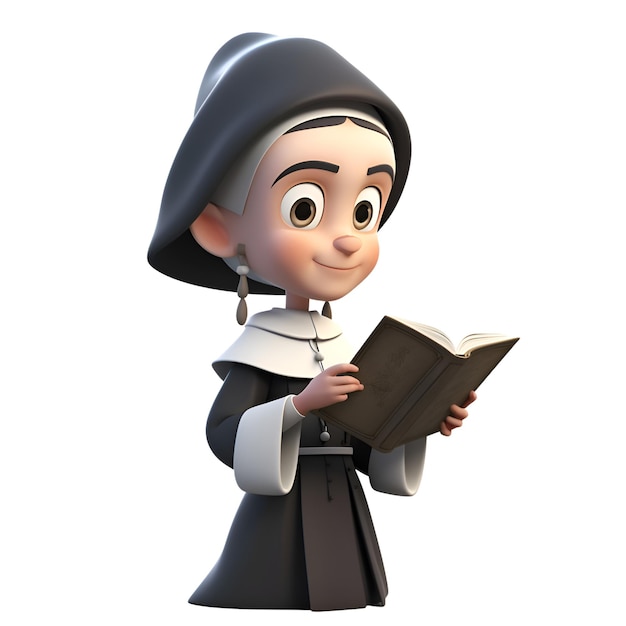 Zeichentrickfigur einer Nonne, die ein Buch liest, isoliert auf weißem Hintergrund