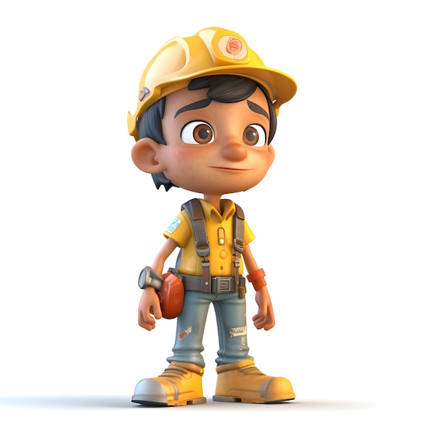 Zeichentrickfigur eines Bauherren mit Helm und Overall, der posiert