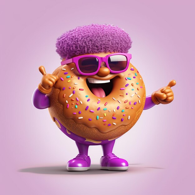 Foto zeichentrickfigur eines donuts mit lila haaren und sonnenbrille, generative ki