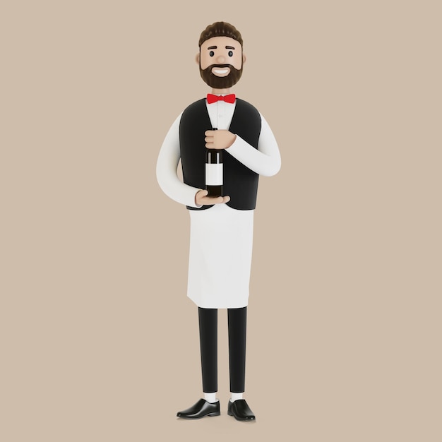 Zeichentrickfigur eines Kellners mit einer Flasche Wein. 3D-Darstellung.