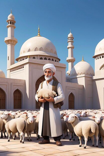 Zeichentrickfigur eines Mannes, der Schafe vor der Moschee hält