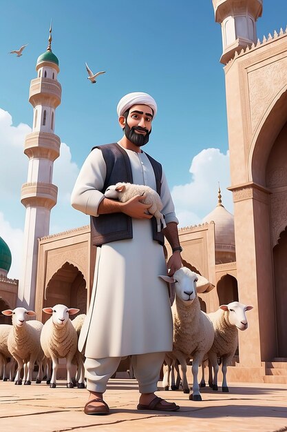 Zeichentrickfigur eines Mannes, der Schafe vor der Moschee hält