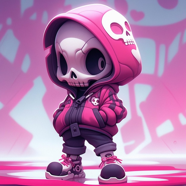 Zeichentrickfigur eines Skeletts in einem rosa Kapuzenpullover und einer schwarzen Hose, generative KI