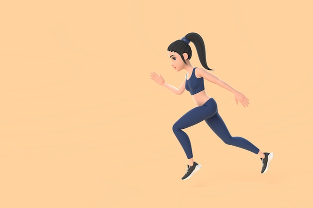 Zeichentrickfigur Frau in Sportbekleidung läuft auf beigem Hintergrund 3D-Renderillustration