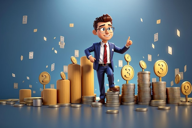 Zeichentrickfigur Geschäftsmann geht zum Erfolg Konzept des finanziellen Wachstums 3D-Illustration