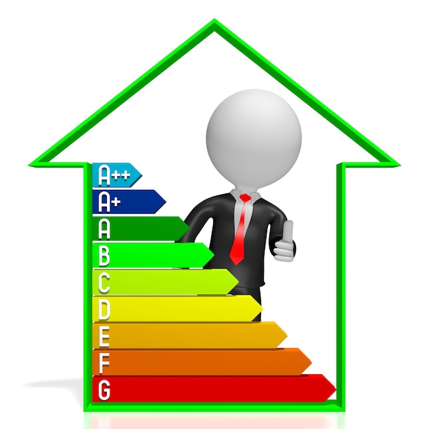 Zeichentrickfigur Hausform und Stromverbrauch Effizienzdiagramm 3D-Darstellung