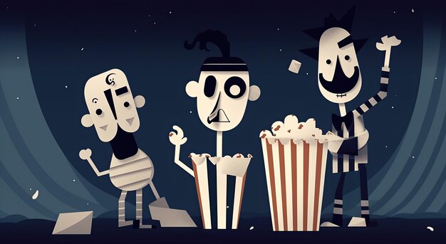 Zeichentrickfigur mit großer Schachtel Popcorn auf blauem Hintergrund Generative KI