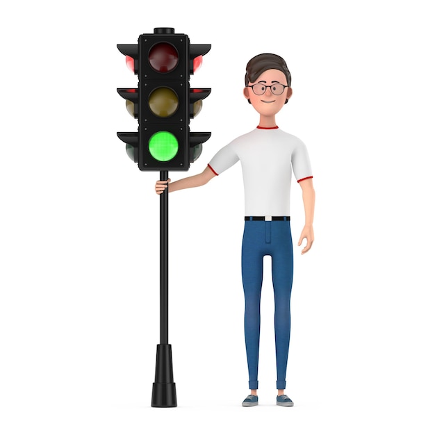 Zeichentrickfigur Person Mann mit Ampel grünes Licht 3D-Rendering