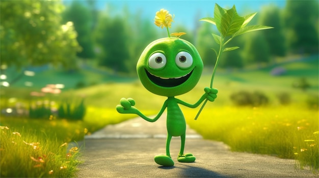 Zeichentrickfigur von Geschäftsmann mit grünem Auto und grüner Pflanze