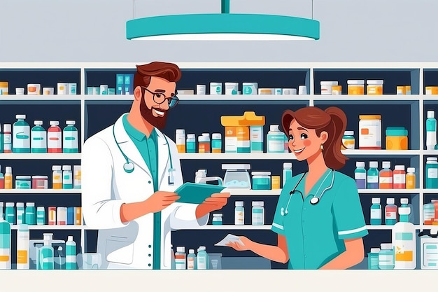 Zeichentrickfiguren Apotheker und Kunde stehen an der Theke mit Medikamenten Medizinisches Gesundheitswesen Konzept