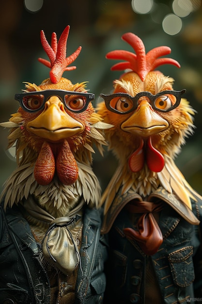 Zeichentrickfiguren mit einem Huhn und einem Hahn 3D-Illustration