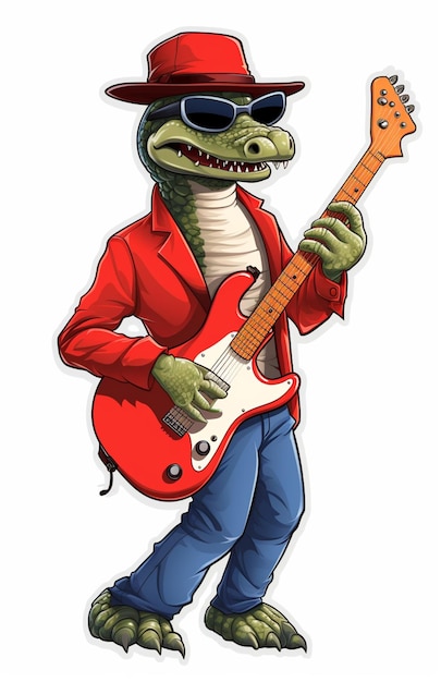 Foto zeichentrickfilm-alligator spielt gitarre und trägt einen roten hut.